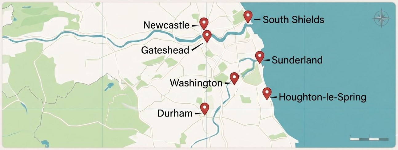 Z Cleaning Services coverage map — Sunderland, South Shields, Newcastle, Gateshead, Washington, Houghton-le-Spring and Durham